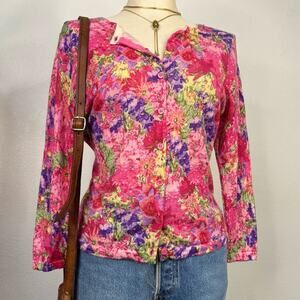 Garnet Hill 100% Merino Wool Cardigan Floral Button Sweater Medium Maximalist